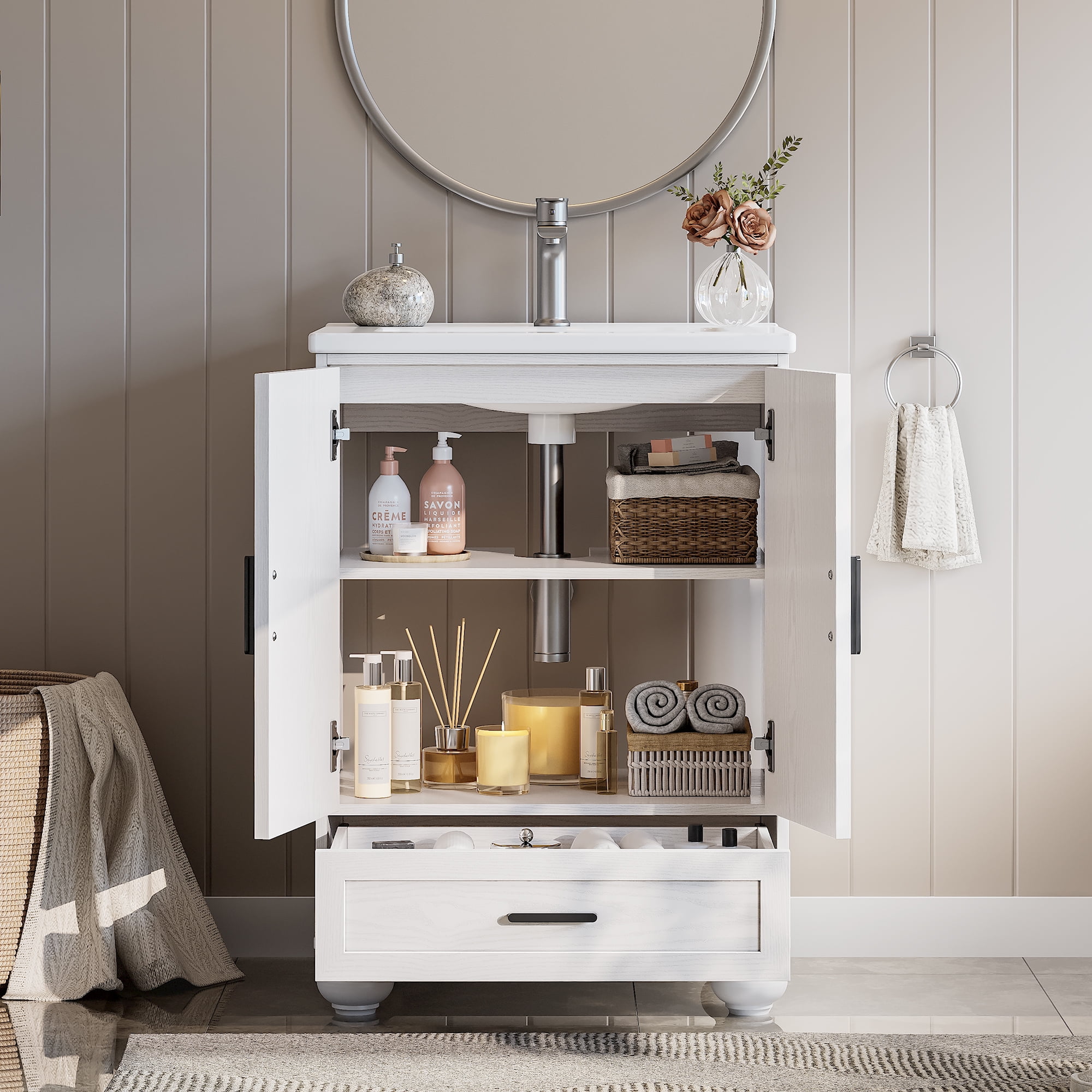 LIKIMIO 24" Bathroom Vanity with Ceramic Sink Combo, White Bathroom Storage Cabinet with Drawer, 4 Solid Legs, Adjustable Shelf, Freestanding Wooden Modern Bathroom Cabinet