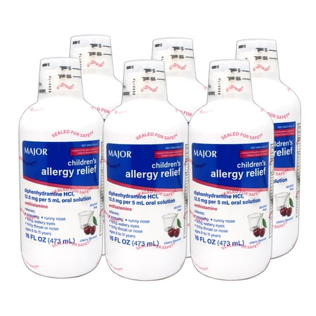 Major Children's Allergy Relief Diphenhydramine HCI 12.5mg/5 mL Oral Solution, Cherry Flavored, 16 FL OZ - 6 Pack