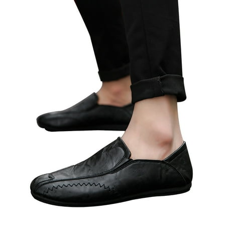 

Fauean Leather Shoes for Men Round Toe Sewing Flat Heel Shallow Mouth Casual Slip on Shoes Black Size 41