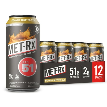 MET-Rx RTD 51 Protein Shake, Peanut Butter Cup, 51g Protein, 15 Fl Oz., 12 Ct