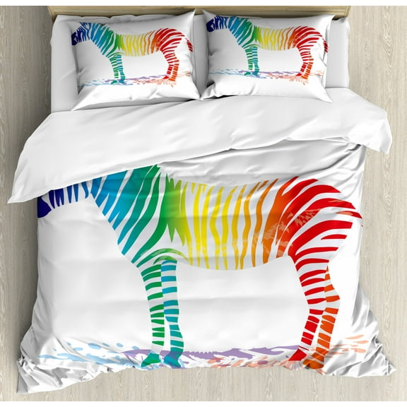 Funny Duvet Cover Set Queen Size, Zebra In Gradient Rainbow Colored Stripes African Nature Wilderness Zoo Animal Theme, Decorative 3 Piece Bedding Set with 2 Pillow Shams, Multicolor, by Ambesonne