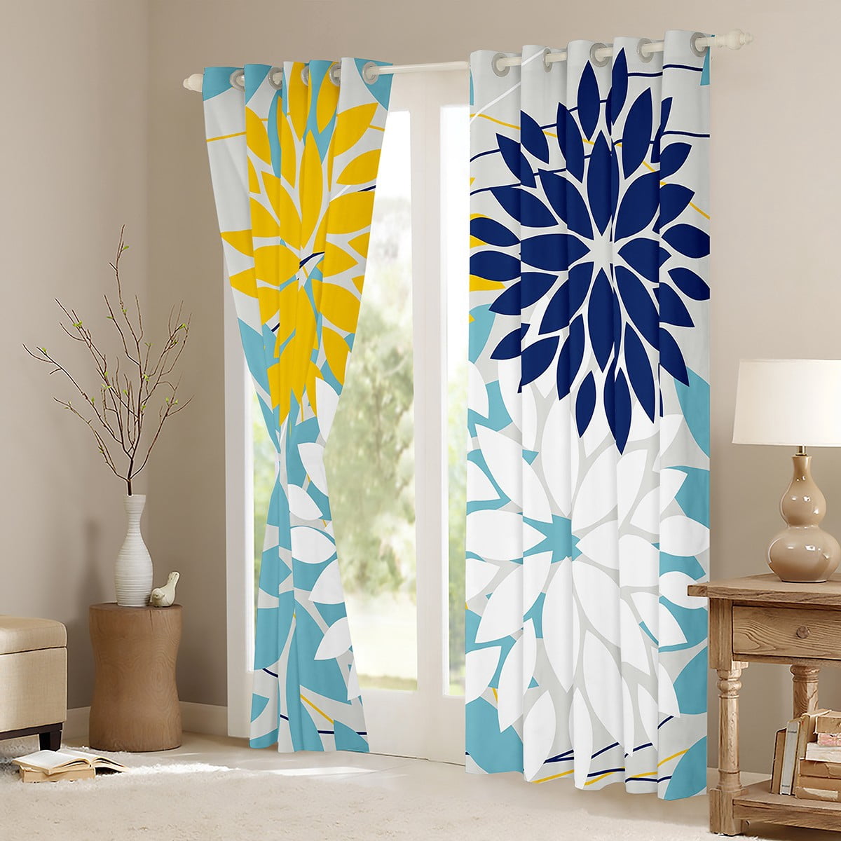 Manfei Floral Dahlia Curtains Pack of 2 (42x63),Geometric Geometric Flower Black Out Curtains,Blue Yellow White Curtains for Living Room,Microfiber Bedroom Decor
