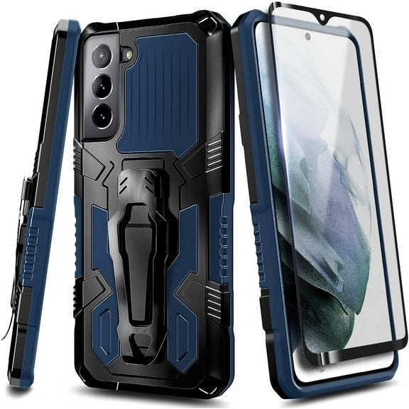 Nagebee Case for Samsung Galaxy S21 FE 5G with Tempered Glass Screen Protector (Full Coverage), Belt Clip [Built-in Kickstand], Dual Layer Full Body Shockproof Protective Rugged Defender Case (Blue)