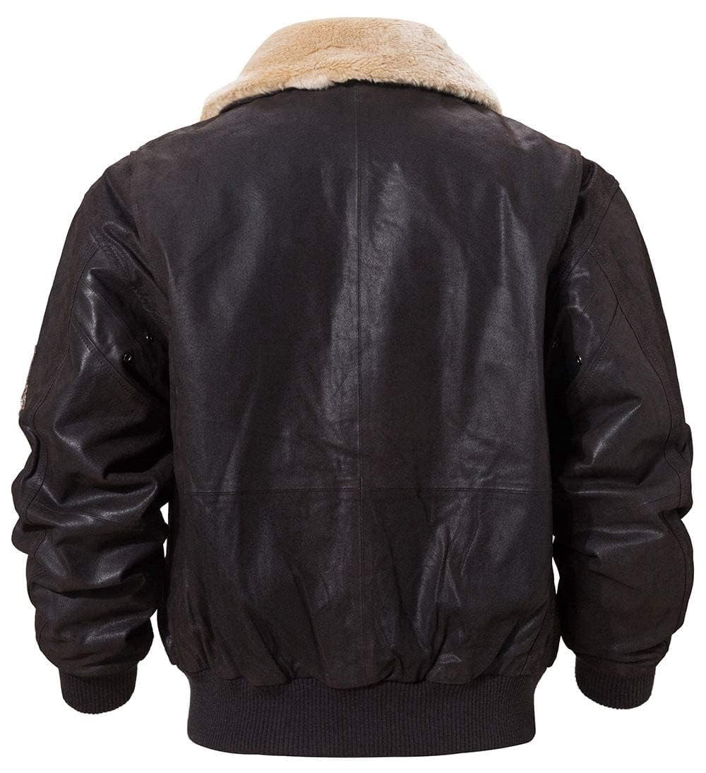 FLAVOR Men's Real Leather Bomber Jacket with Removable Collar Aviator (S, Dark Brown)
