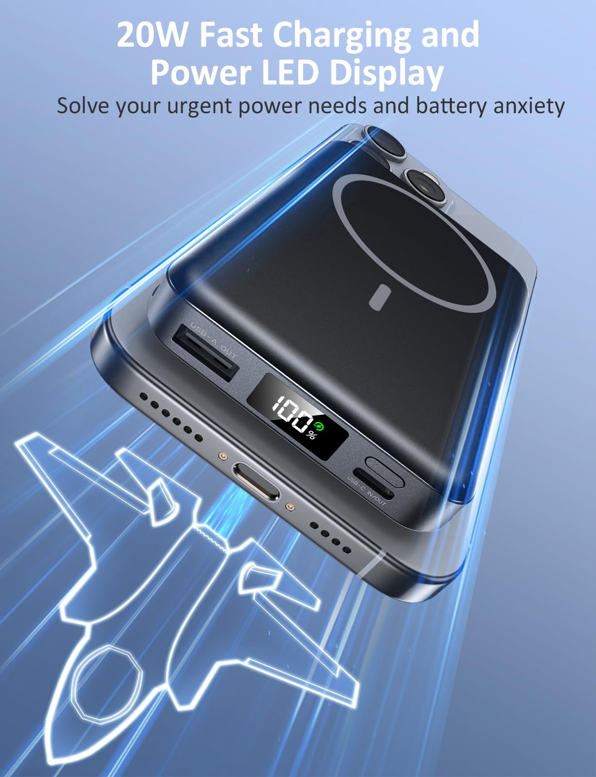 Magnetic Portable Charger, 10000mAh Power Bank, 5 in 1 Portable Charger with Built in Cable, 20W Fast Charging for Magsafe Battery Pack Compatible with iPhone 17/16/15/14/13/12 Pro/Pro Max-Black