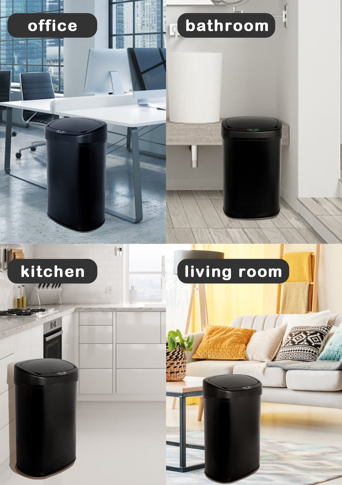 CL.HPAHKL 13 Gallon Kitchen Garbage Can Automatic Trash Can 13 Gallon Stainless Steel Trash Can Touch Free Bathroom Trash Can with Lid for Bathroom, Kitchen, Office, Black