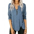 thumbnail image 2 of IROINNID Deals Womens Long Sleeve V-Neck Shirts Solid Color Buttons Zipper Loose Shirt Blouse Top,Blue, 2 of 6