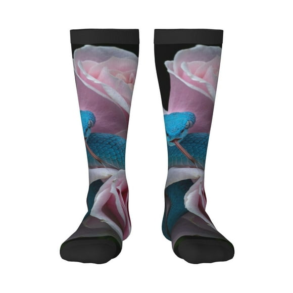 Gaeub Blue Lipped Pit Viper And Three Pink Roses Print Design Socks Stretchy High Tube Socks for Men Women Teens , Softball Soccer Socks for Hiking, Sport