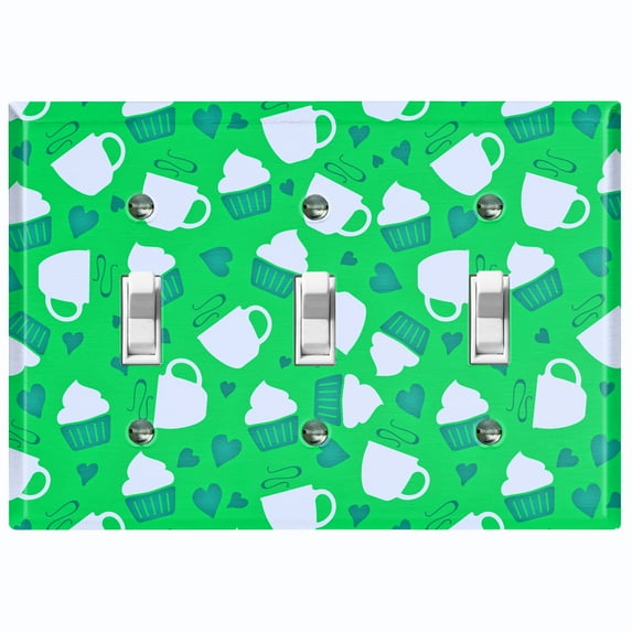 Metal Light Switch Wall Plate Outlet Cover (Coffee Espresso Mocha Cup Green Heart Green Cupcake - Triple Toggle)