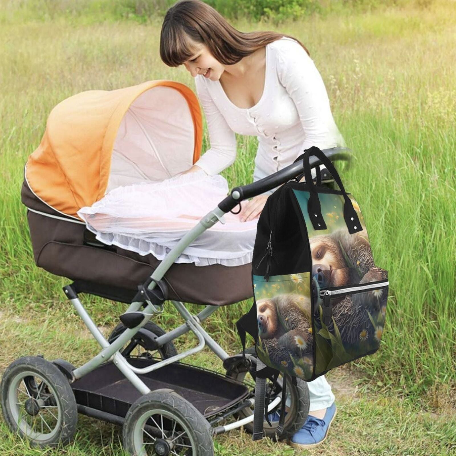 Fuzoiu Daisy Sleeping Sloth Print Diaper Bag Backpack,Baby Essentials Travel Tote,Multi function Waterproof Diaper Bag, Travel Essentials Baby Bag - Unisex