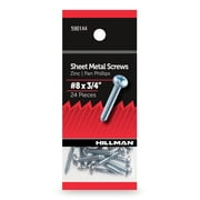 Hillman Sheet Metal Screws, #8 x 3/4", Pan Phillips, Zinc Plated, Steel, Pack of 24
