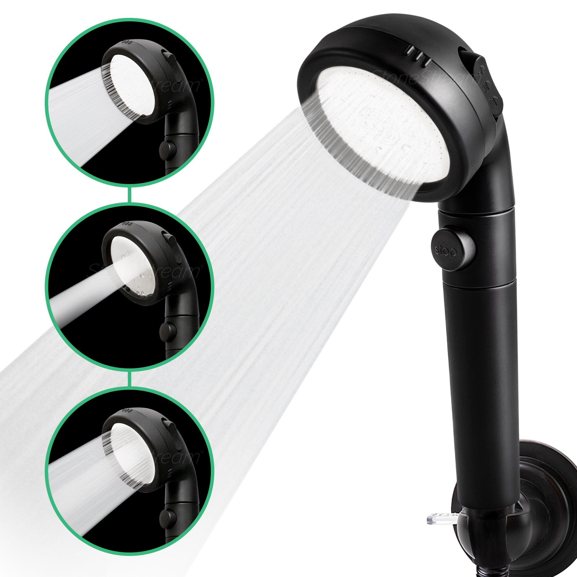 StoneStream EcoPower Matte Black Shower Head — MultiFunction