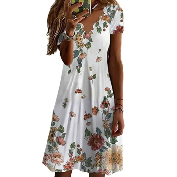 DYMADE Women Plus Size V-neck Casual Loose Print Short Sleeve Dress