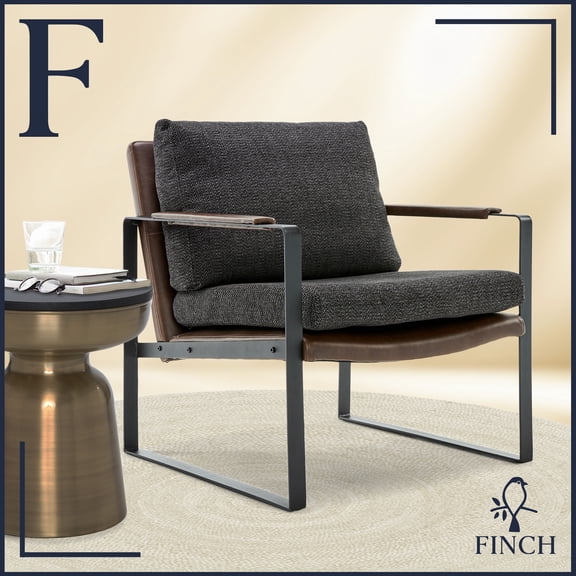 Finch Everett Faux Leather Mid-Century Modern Accent Chair Removable Covers Gray