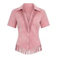 thumbnail image 5 of Hurxie Women's Vintage Western Cowgirl Suede Shirts Long Sleeve Button Down Slim Fit Fringe Shirts Tops Pink,M, 5 of 6