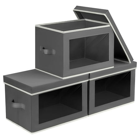 Homsorout Storage Bins with Lids - Fabric Storage Boxes with Lids, Collapsible Storage Bins with Window, Decorative Closet Organizers and Storage for Clothes, Towels, Books, 3 Packs, Grey C33