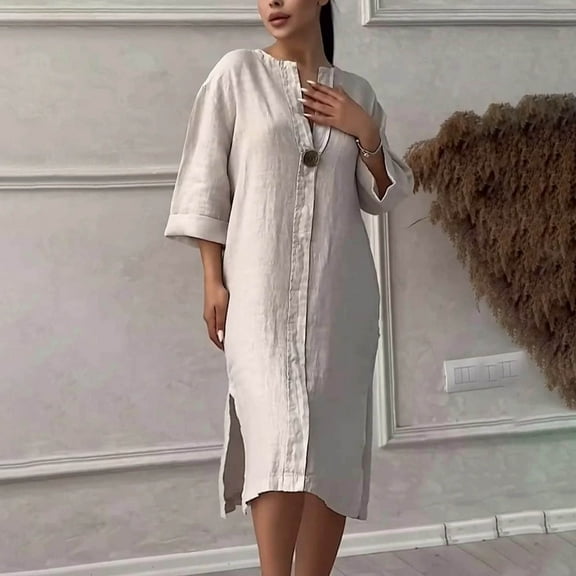 OSFVNOXV Linen Dress Women Plus Size Midi Length Button Down Shirt Dress Summer Casual Lightweight Shift Knee Length Dress ,S-5XL
