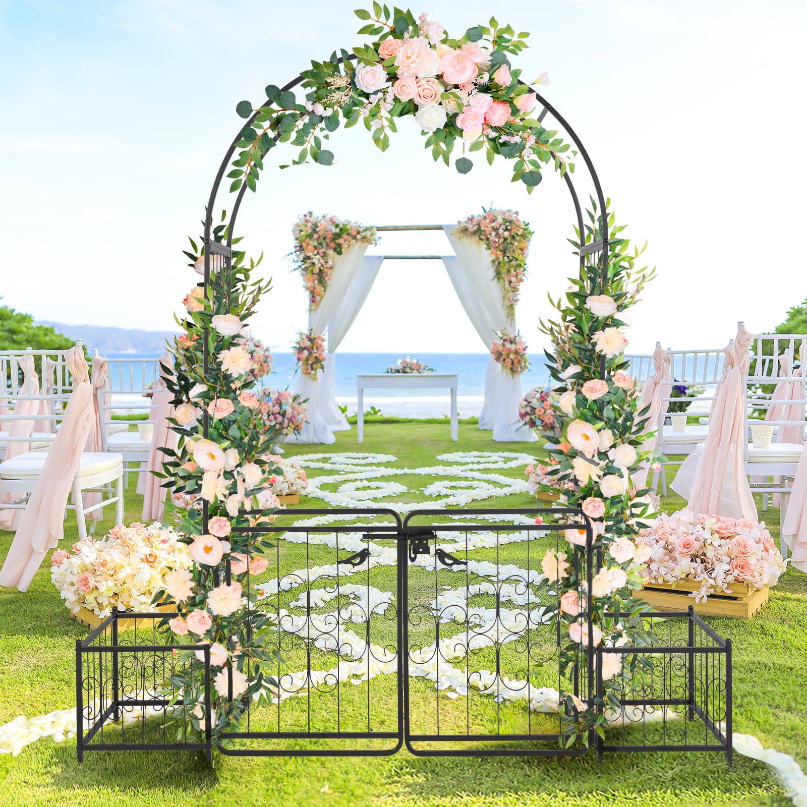 Iron Art Garden Arch Trellis, Arc Top Arch with Door & Planting Frame, Powder Coated Rustproof Free-standing Trellis for Climbing Flowers Vines Roses