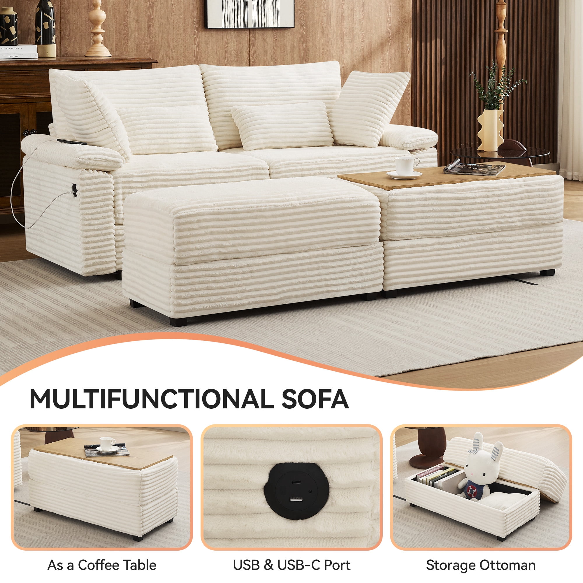 Corduroy Upholstered Sofa for Living Room,Modern Deep Seat Comfy Loveseat Couch with 2 Ottomans,Beige