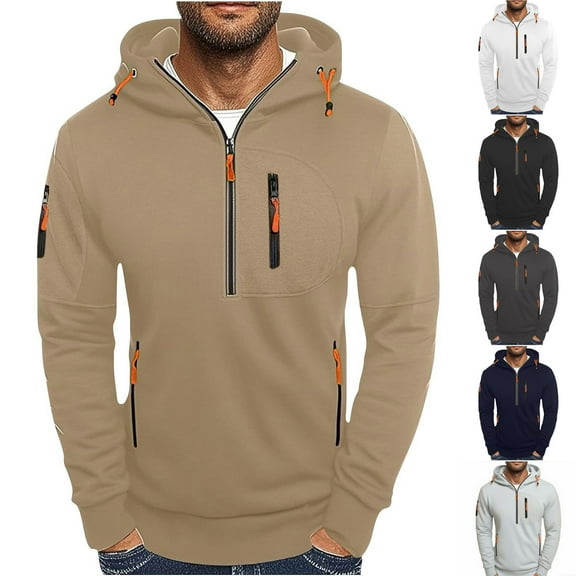 Momasggi Half Zip Hoodies with Zip Pockets for Men Tactical Hooded Sweatshirt Loose Casual Long Sleeve Hoodie Outdoor Workout Gym Pullover Tops Gray XL