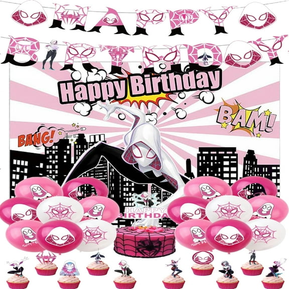 Birthday Party Supplies Set with Spiderman Gwen Themed, Including Happy Birthday Banners,Background Flag,Cupcake Toppers, Balloons, Party Decor Set.