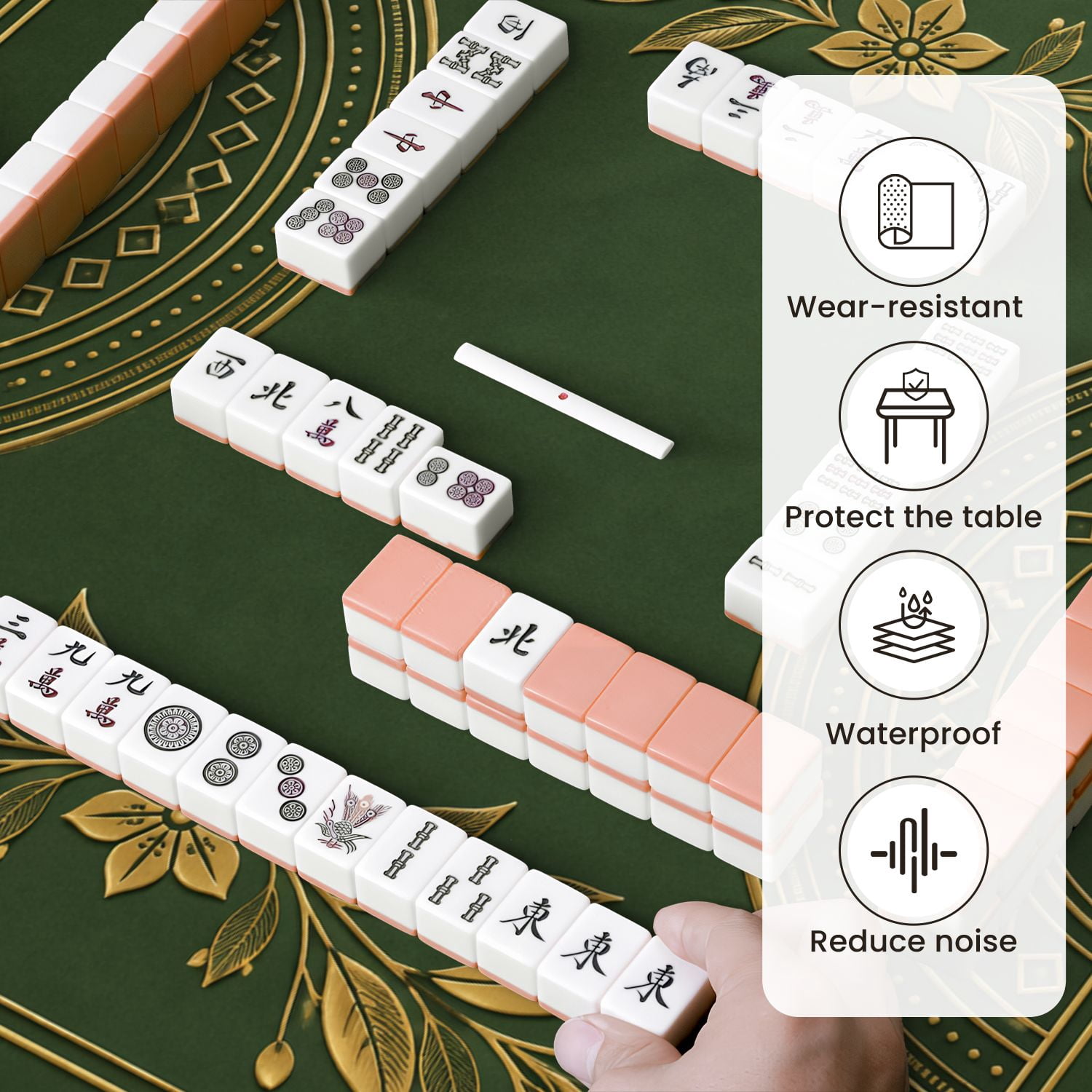 Mahjong Mat 31.5" x 31.5" Elegant Green Geometric Gold Lotus Circular Accents Non-Slip Noise Reduction Mahjong Tiles Table Cover for Dominoes Poker Card Board and Tile Games