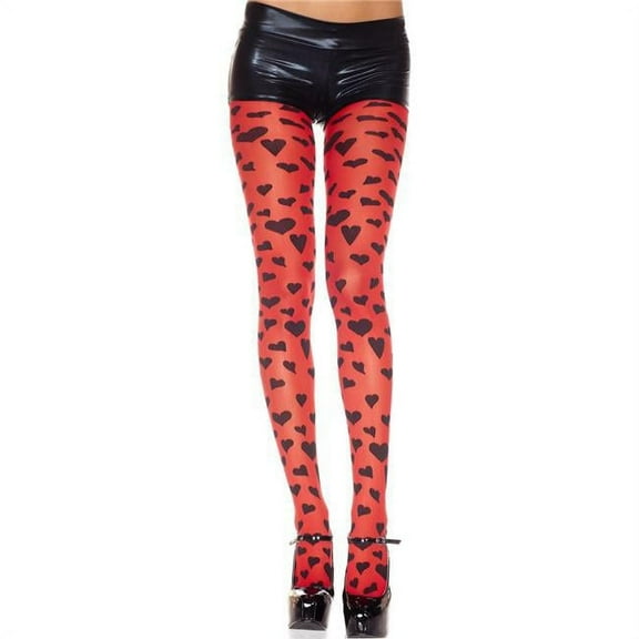 Music Legs Women's Women's 7283-RED-BLACK Heart Print Spandex Pantyhose; Red & Black 7283-RED/BLACK