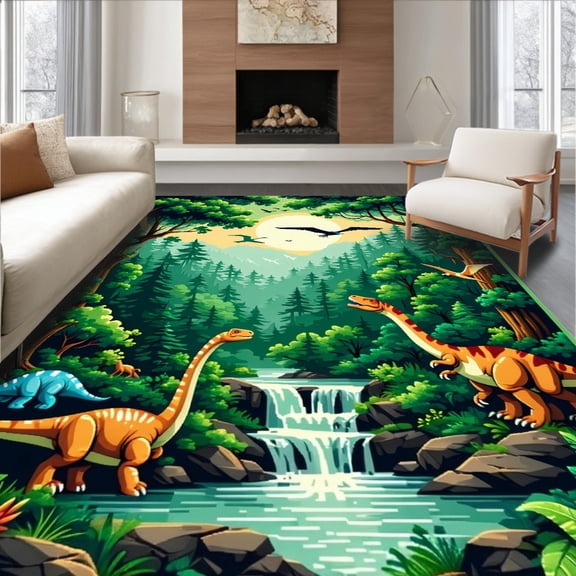 ODIKA 4'x6' Machine Washable Non-Slip Area Rug, Charming Fossil Inspired Style High Traffic Rug, Green, 8491