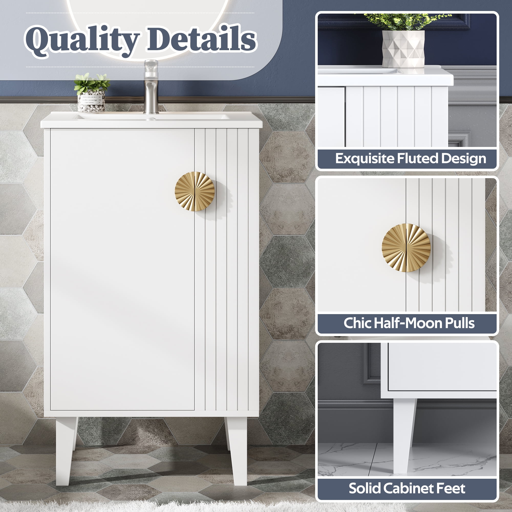 Harper & Bright Designs 20" Small Bathroom Vanity with Sink, Freestanding Storage Cabinet, French Style Bathroom Floor Cabinet, White