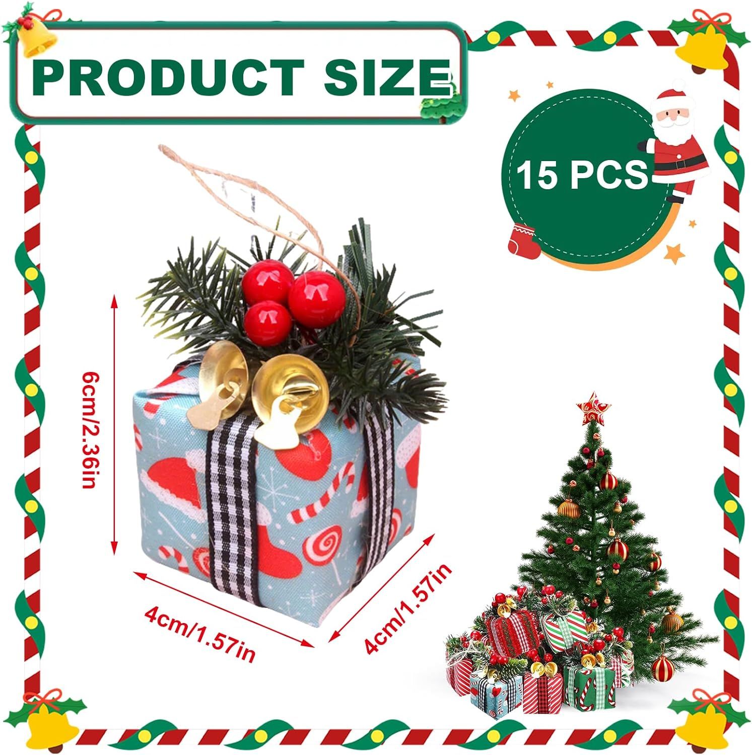 15Pcs Christmas Tree Mini Gift Boxes Christmas Tree Hanging Decorations with Bells Christmas Indoor and Outdoor Ornaments Festive Decoration