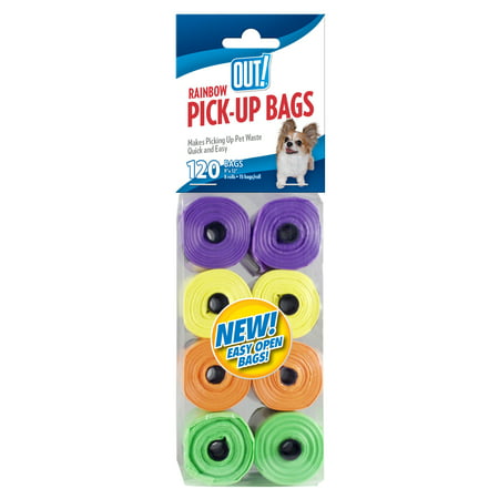 OUT! Dog Waste Pickup Bags, 8 rolls 120 bags, rainbow