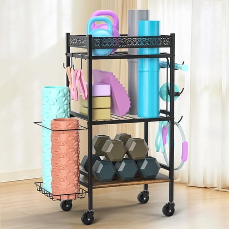 Rack Stand Only, Home Weight Rack for Dumbbells Kettlebells Yoga Mat, Home Gym Storage Rack with Wheels and Hooks, Space Saving Workout Equipment Organizer.