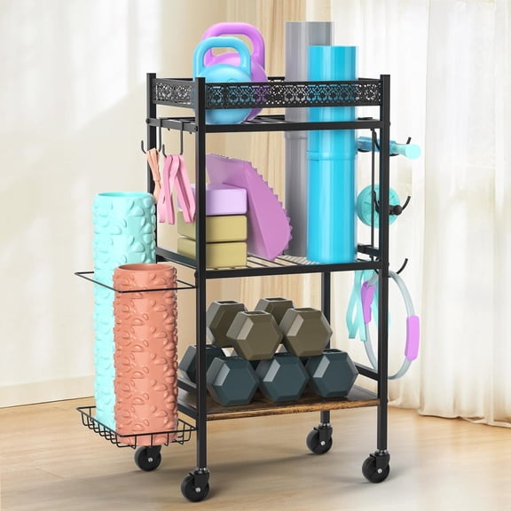 Rack Stand Only, Home Weight Rack for Dumbbells Kettlebells Yoga Mat, Home Gym Storage Rack with Wheels and Hooks, Space Saving Workout Equipment Organizer.
