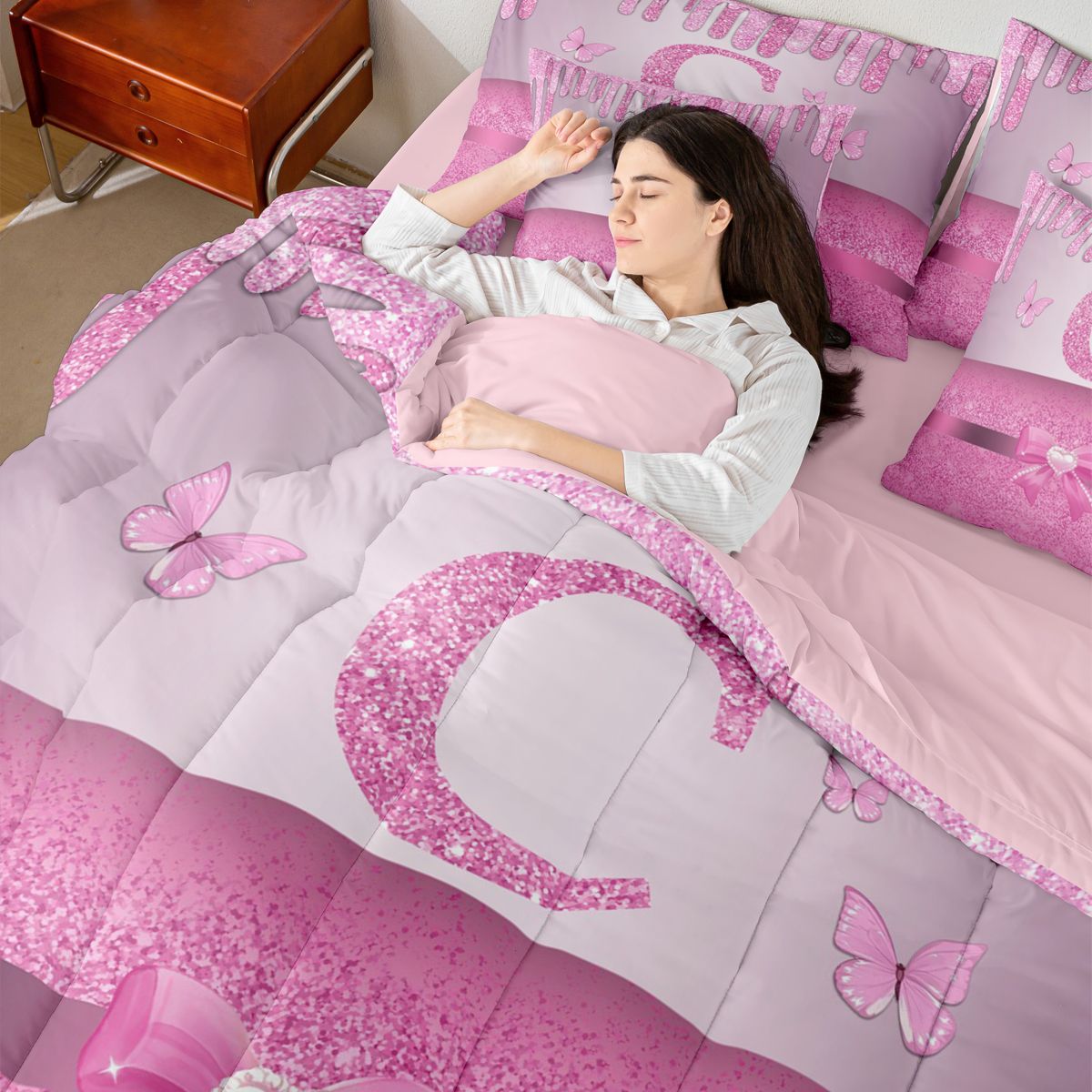 Manfei Kawaii Bowknot Alphabet C 7pcs Bedding Comforter Set for Female Women Teens,Bling Glitter Splash Queen Bedding Sets Super Cozy,Flying Butterfly Queen Sheet Sets,Dreamy Princess Decor
