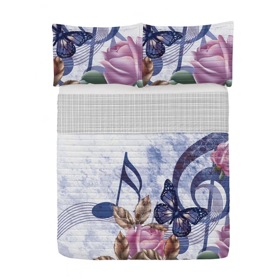 Music Reversible Bedspread Set, Music Roses Romantic Antiquity Victorian Classic Bridal Floral Illustration, Pillow Shams & Comforter Microfiber Bedding Set, 3 Sizes, Lavender Blue, by Ambesonne