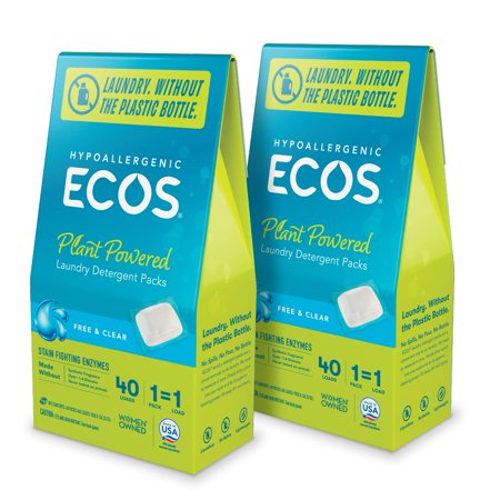 Ecos Laundry Detergent Packs, 80 Loads - 100% Plastic Free Packaging - Convenient No Mess Washing Soap Packs - Hypoallergenic For Sensitive Skin - Free & Clear