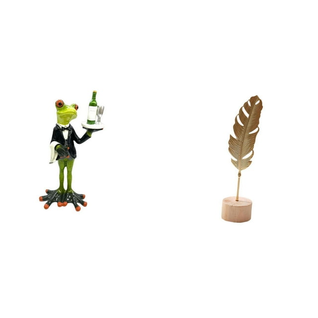 Figura de escritorio, camarero, estatua de rana, escultura de hoja, estatua de hoja de metal, figura artística de hoja con base de resina y construcci