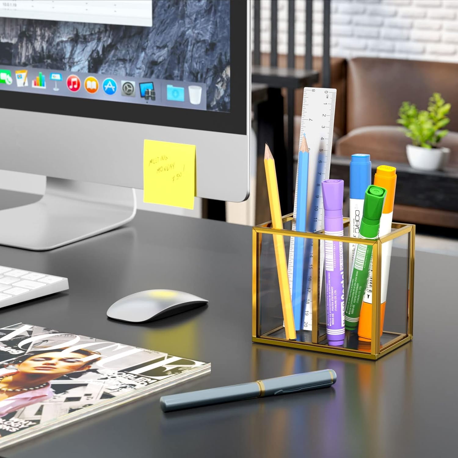 Gold Acrylic Pen Holder for Desk, Clear Pencil Cup Organizer Makeup Brush Holder, Acrylic Desk Organizers and Accessories for Desktop Office - 2 Compartments