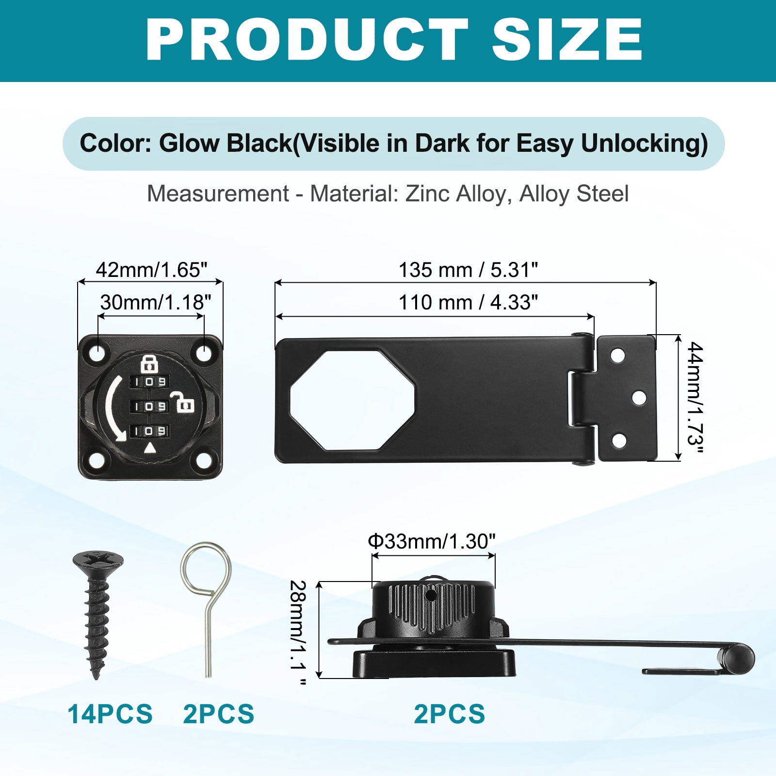 Uxcell Password Rotary Hasp Lock (5", Glow Black) (2 Pcs), Keyless 3-Digit Cabinet Locks with Combination Security Slide Latch, Suit For- Door/Closet/Barn/Bathroom/Outdoor/Garden