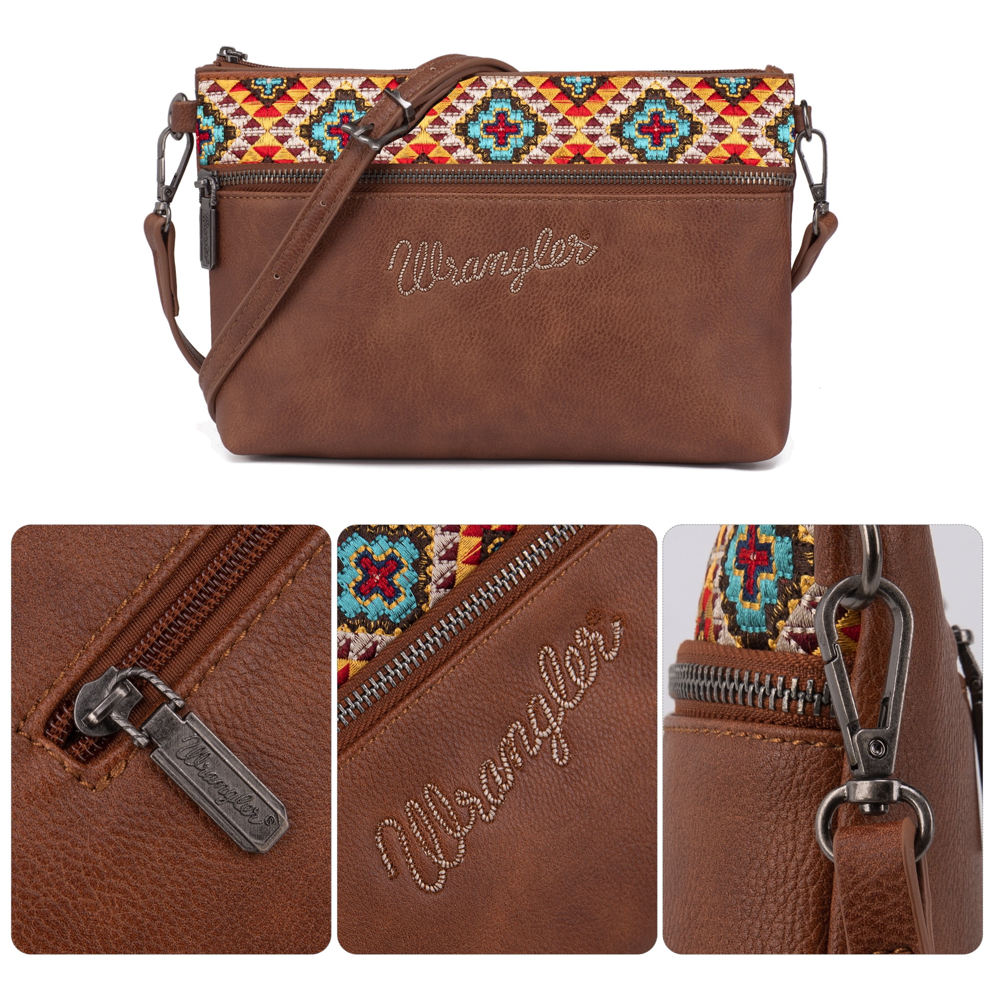 Wrangler Western Cowhide Crossbody Bags for Women Clutch Wristlet Purse, Embroidered-brown
