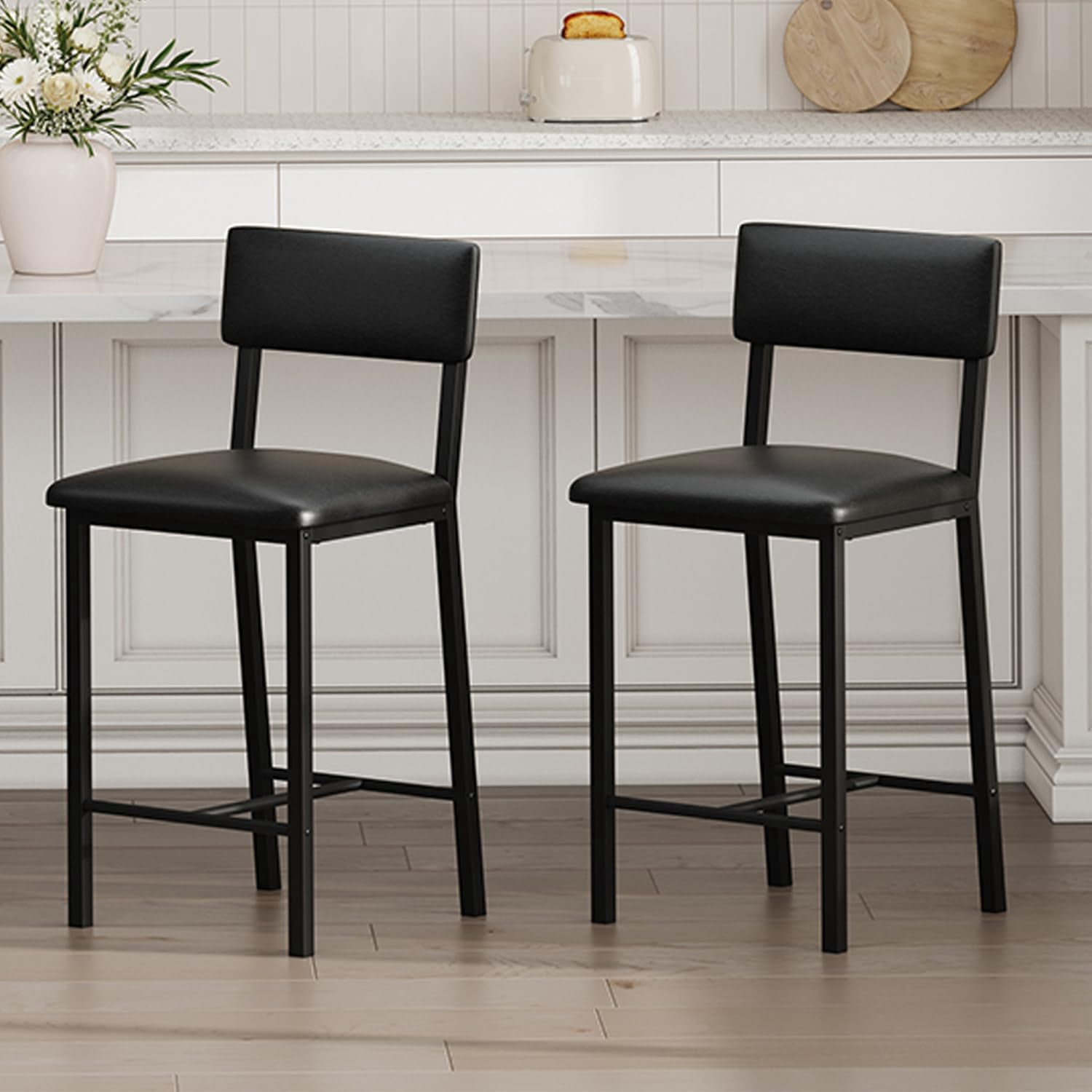 Set of 2 Counter Height Bar Stools - 400 lbs Heavy-Duty Metal Frame - Ergonomic PU Leather Upholstered Seat with Backrest & Footrest - Easy to Clean - Ideal for Kitchen Island, Home Bar, Dining