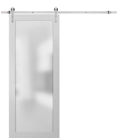 Sturdy Barn Door Frosted Tempered Glass | Planum 2102 White Silk | 6.6FT Silver Rail Hangers Heavy Hardware Set | Modern Solid Panel Interior Doors-36" x 96"-Frosted Glass-Silver Rail