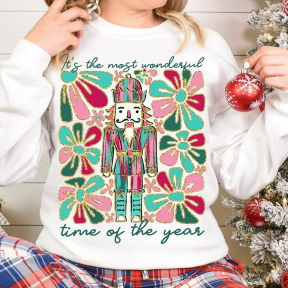 Glitter Nutcracker Christmas Sweatshirt, Preppy Holiday Pullover, Cute Christmas Tree and Nutcracker Sweater