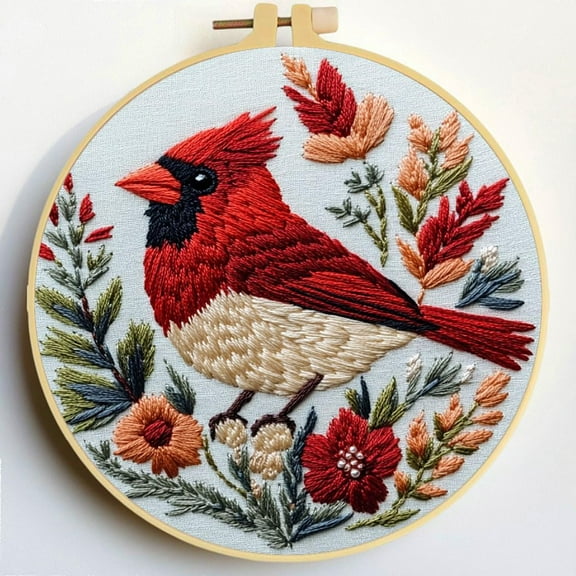 Punch Needle Kits A Red Cardinal in Flowers Embroidery Starter Set with Hoop Easy for Beginners DIY Stress Relief Handmade Craft Hobby and Home Decor 20x20cm