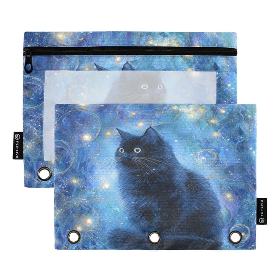 2 Pack 3 Ring Binder Pouch with Clear PVC Window Water Resistant Zipper Pencil Pouch Dazed Black Cat Binder Pocket for Classroom Office Home Stationery Organization