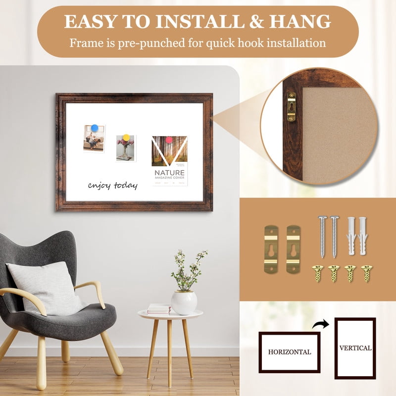 DOLLAR BOSS Magnetic Dry Erase Whiteboard, 18"x24" Magnetic Whiteboard for Wall Vintage Wood Frame Wall-Mounted White Board Decorative Notice Board for Wall, Office, Home 4 Markers 8 Magnets