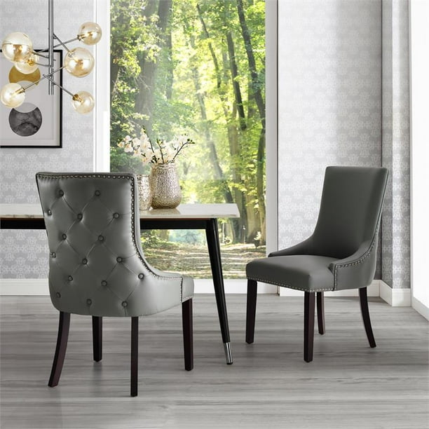 Posh Living Kinsley Tufted Faux Leather Dining Chair in Light Gray (Set