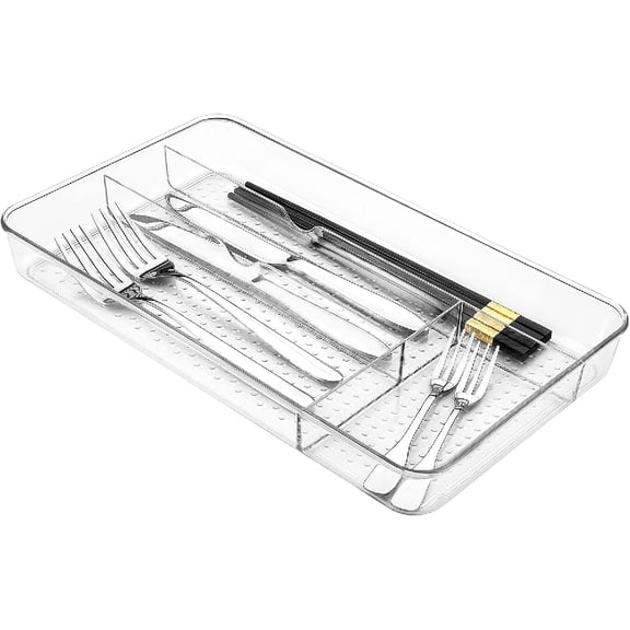 OnDisplay Clear Acrylic Kitchen Cutlery Organizer Tray – 4-Compartment Cosmetic Drawer Insert for Kitchem, Vanity, Bathroom, or Desk