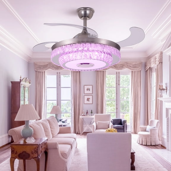 42" Silver Crystal Fan Chandelier with Color Changing LEDs & Bluetooth Speaker - Retractable Invisible Blades, 5000 CFM Quiet Motor, for Living Room/Dining Room