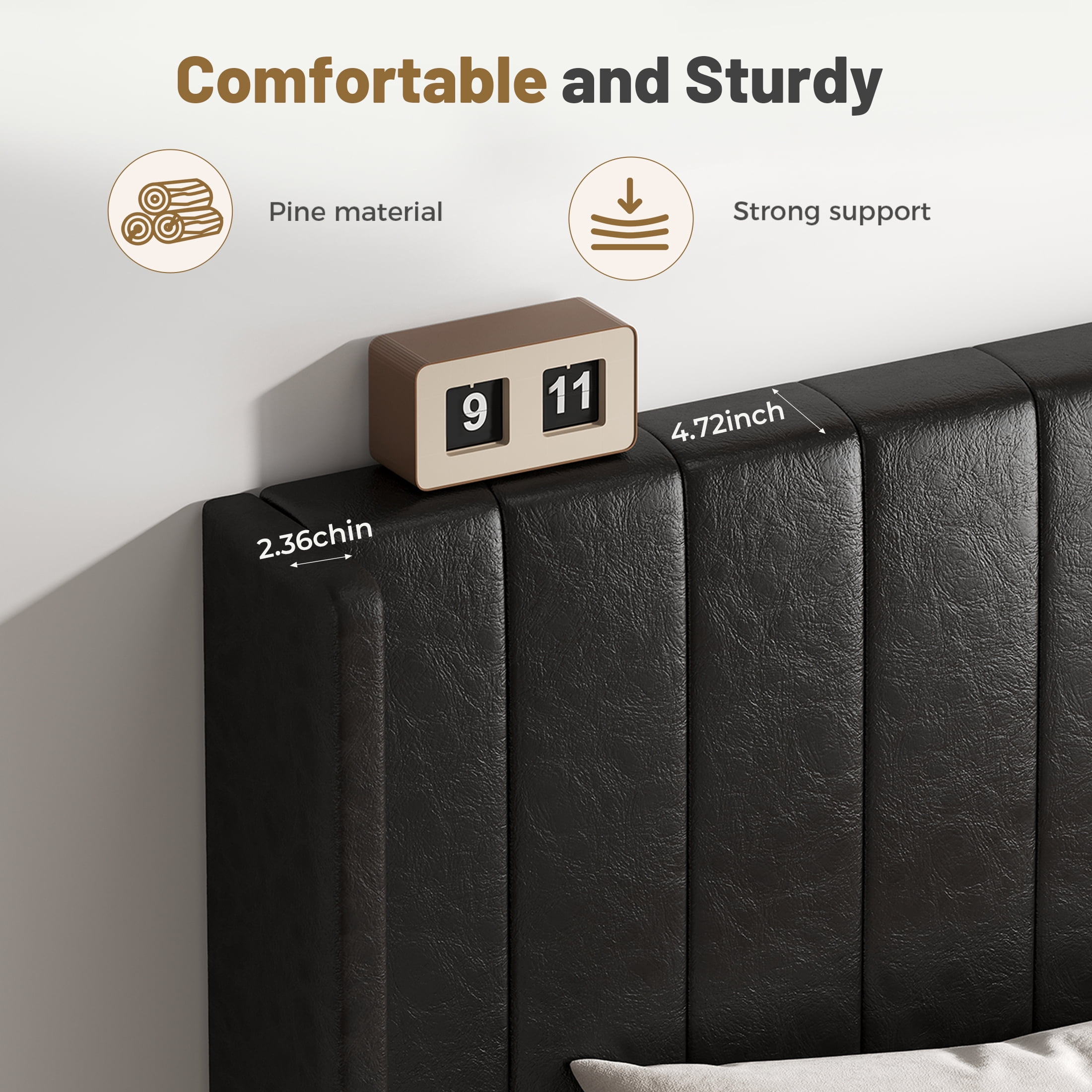 EDX Full Size Upholstered Platform Bed Frame with Padded Wingback Headboard, Modern Accent Bedroom Furniture, Black PU Leather